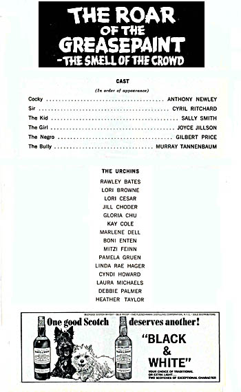 The Roar of the Greasepaint programme and cast list starring Anthony Newley, Sally Smith